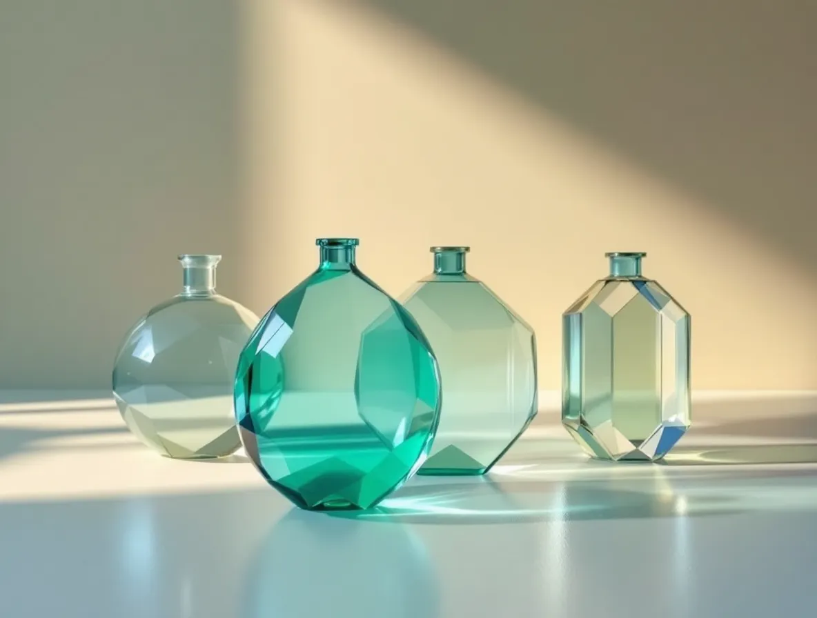 Four distinct translucent vessels arranged in a calm geometric grid