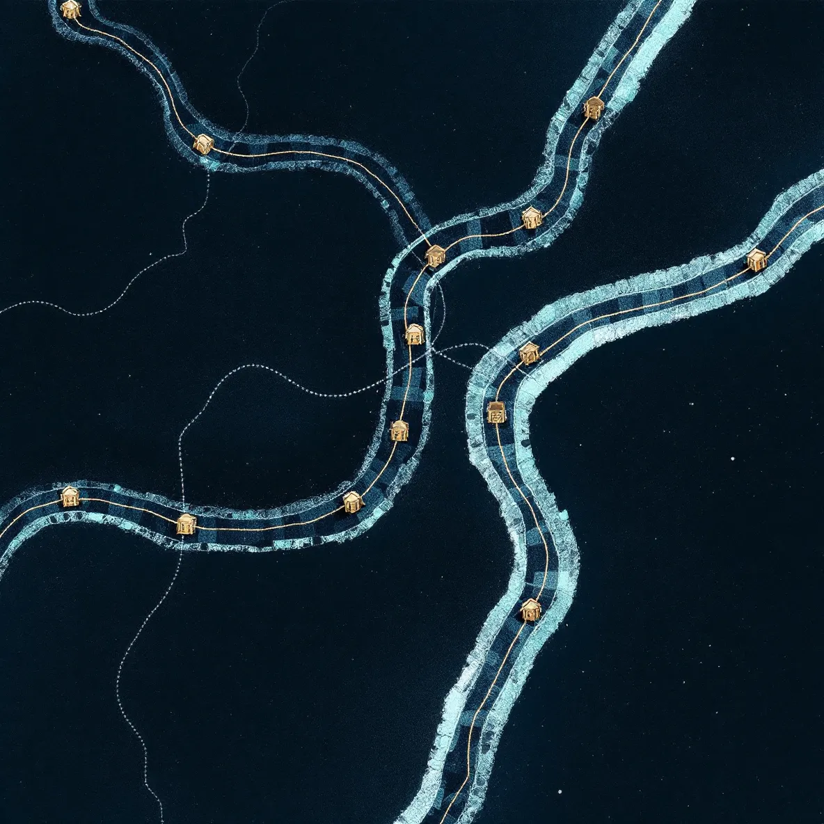 Abstract paths moving through brass and aqua checkpoints on a dark field