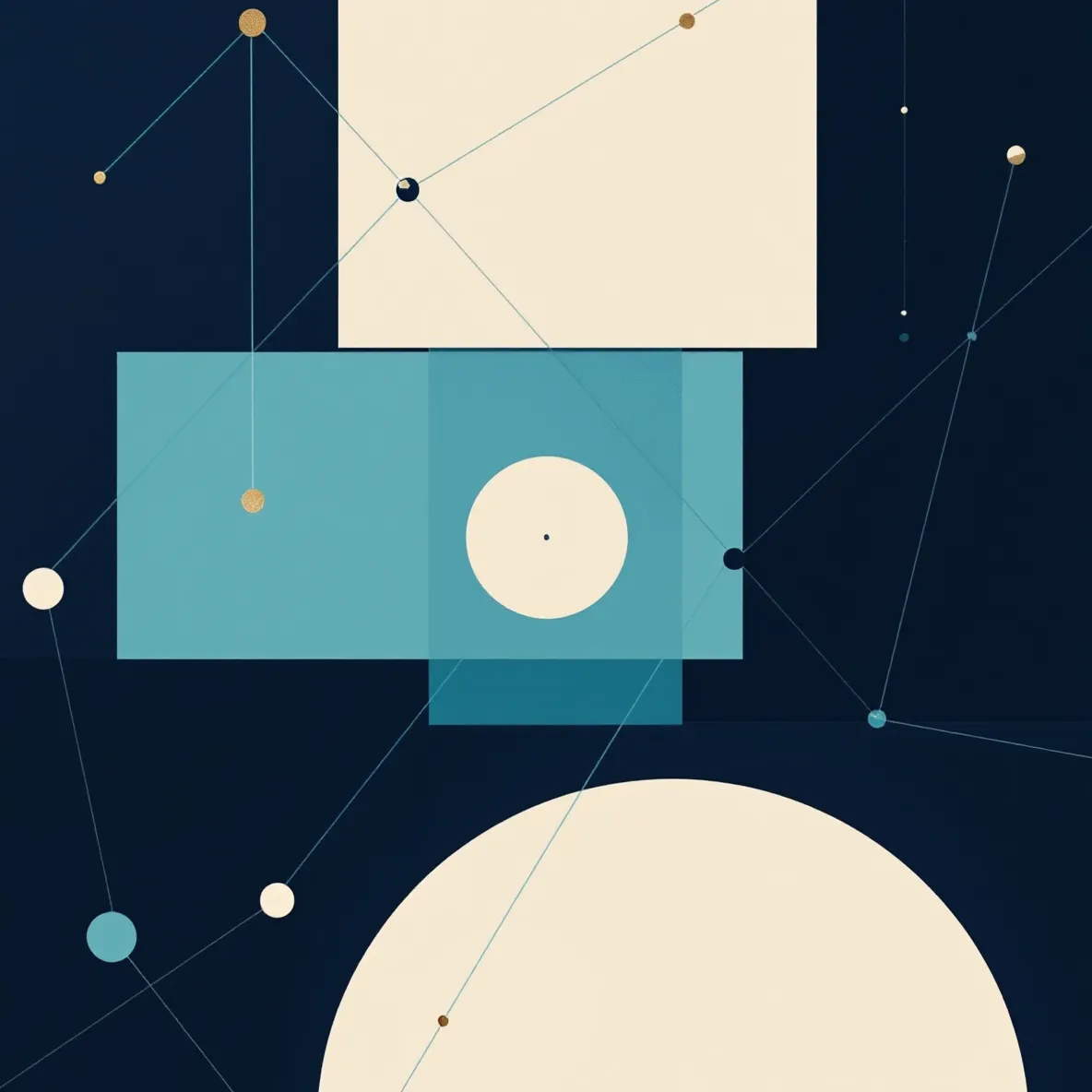 An abstract constellation of linked records in aqua and warm brass